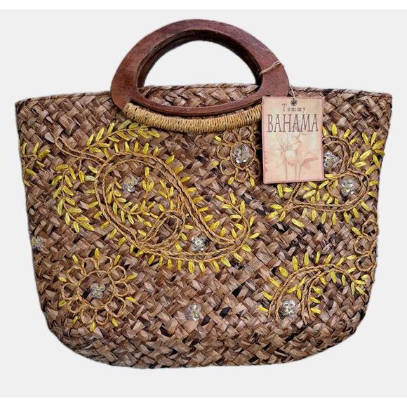 Tommy Bahama Handbags - VTG Tommy Bahama Raffia Wooden Handbag Tote Embellished Beach Boho Sequin NWT